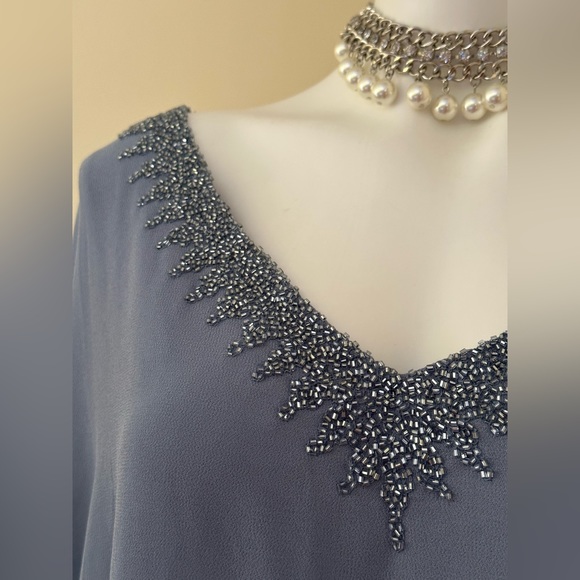 J Kara NWTS Overlay Asymmetrical Maxi Evening Dress Dusty Blue Sheer Bea… - Picture 5 of 16